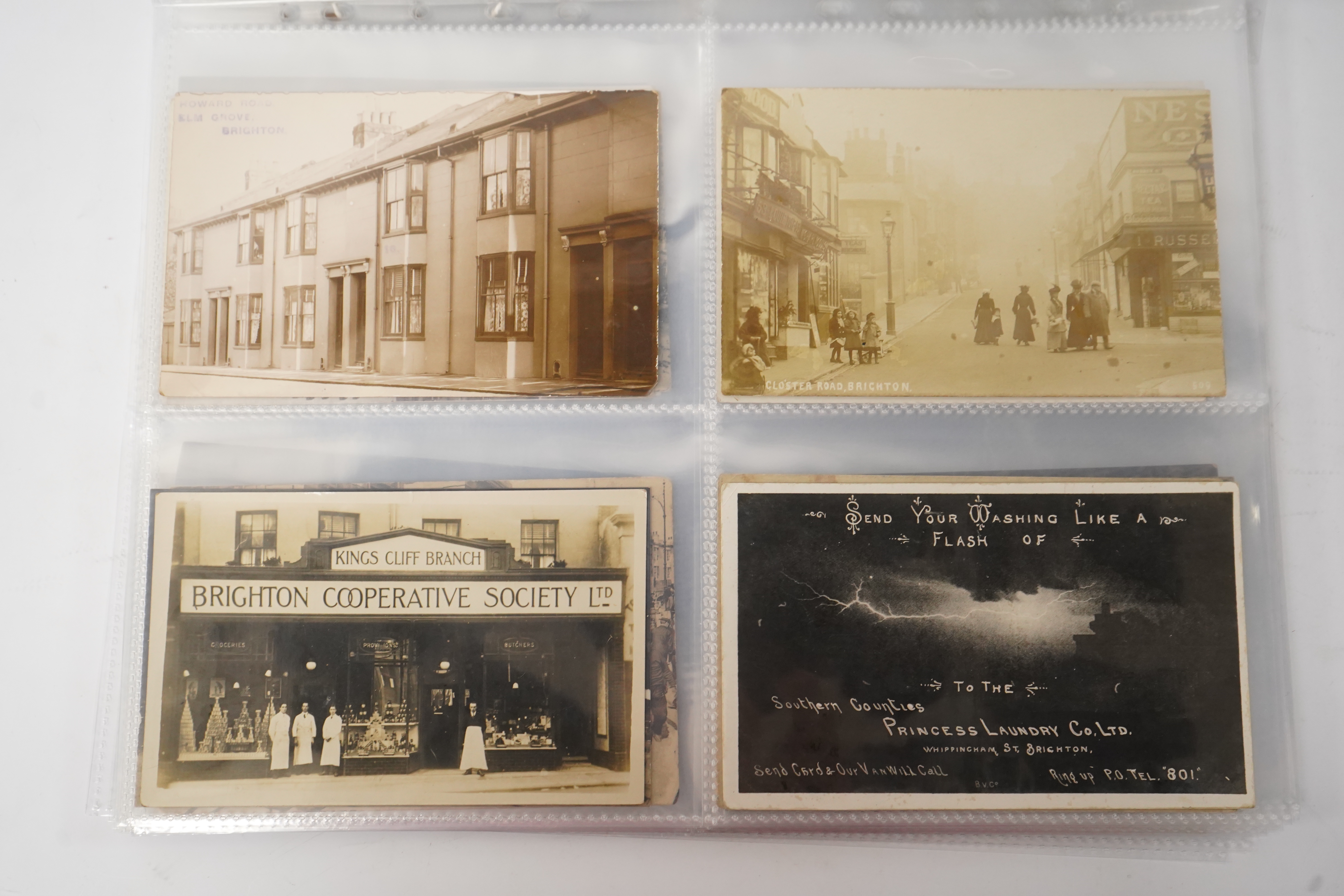 Brighton & Hove interest; a collection of one hundred and twelve assorted vintage postcards, mostly pre WW1, including novelty, shopfronts and Albion football matches